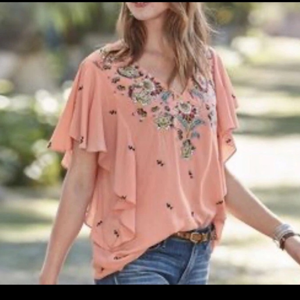 Sundance Magdalena Peach-ish Ruffled Flutter Sleeve Blouse